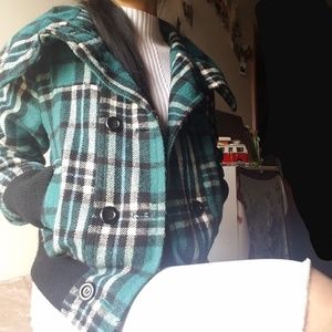 Teal plaid double-breasted pea coat